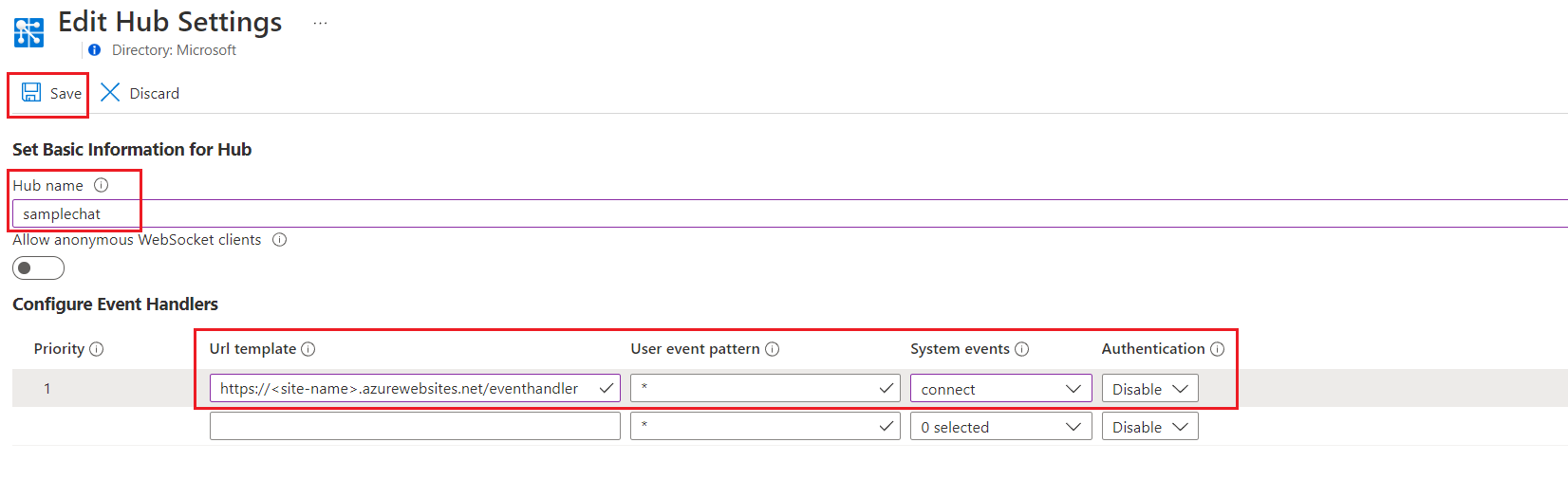 Azure Web PubSub 配置中心设置的屏幕截图。