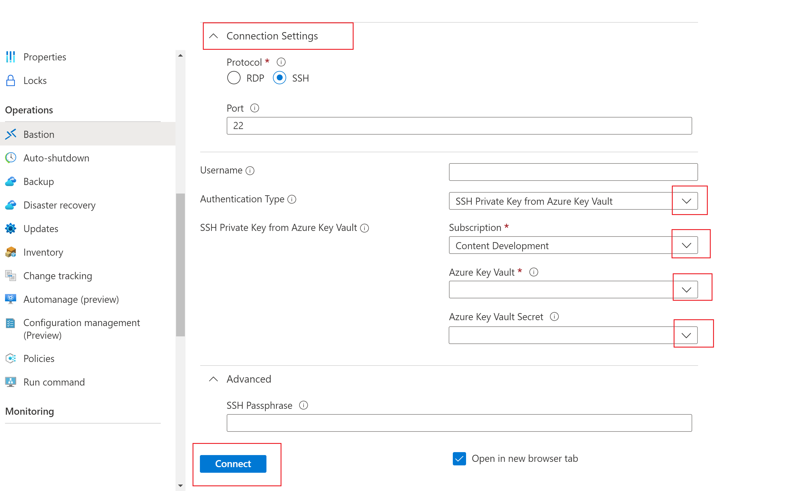 显示使用 Azure Key Vault 中存储的私钥进行身份验证的屏幕截图。