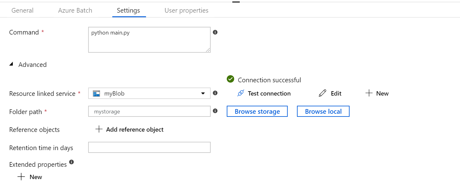 Screenshot of the Settings tab for the Batch job.