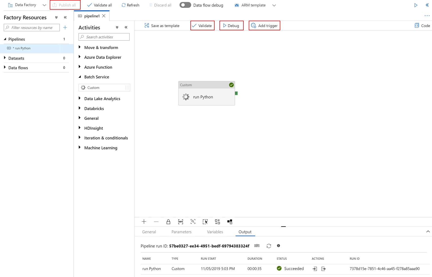 Screenshot of Validate, Debug, Publish all, and Add trigger selections in Data Factory.