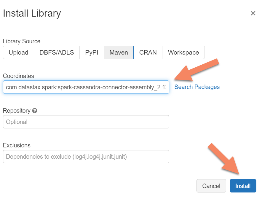 Screenshot that shows searching for Maven packages in Azure Databricks.