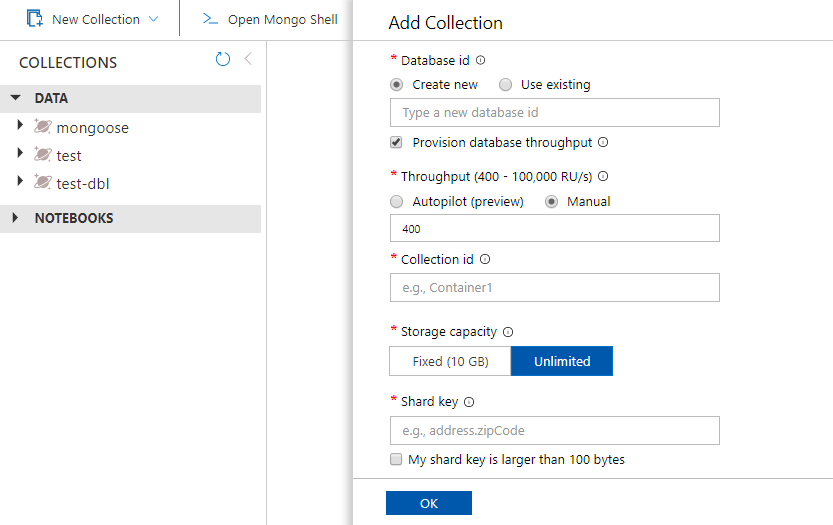 Azure 门户 >“数据资源管理器”>“添加集合”窗格