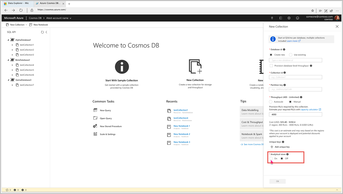 启用 Azure Cosmos DB 容器的分析存储