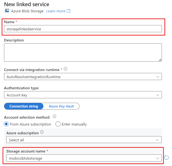 “新建链接服务”对话框的屏幕截图，其中选择了 Azure Blob 存储帐户。