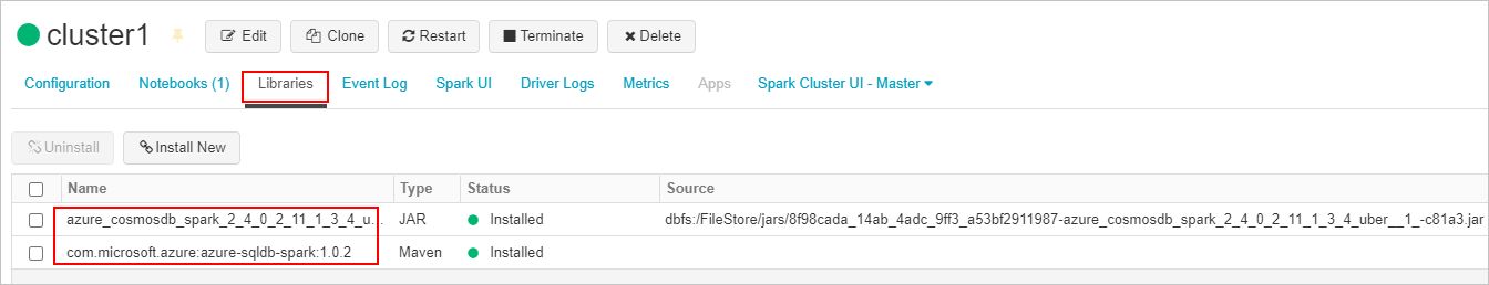 显示创建所需的 SQL 连接器和 Azure Cosmos DB 连接器库并将其附加到 Azure Databricks 群集的位置的屏幕截图。