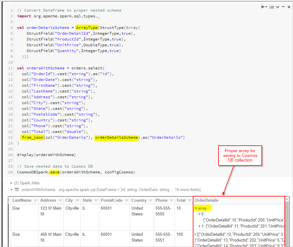 突出显示用于保存到 Azure Cosmos DB 集合的正确数组的屏幕截图。