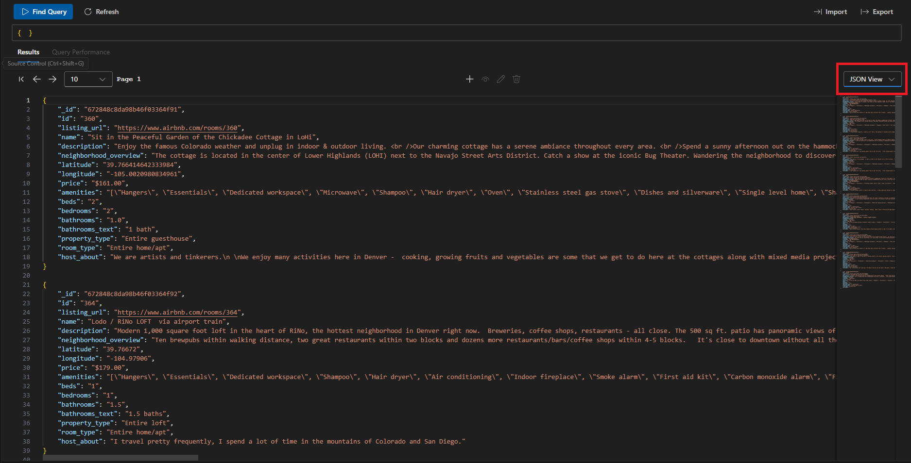 JSON 视图中 Azure Cosmos DB for MongoDB (vCore) 群集的 VS 代码扩展的屏幕截图。