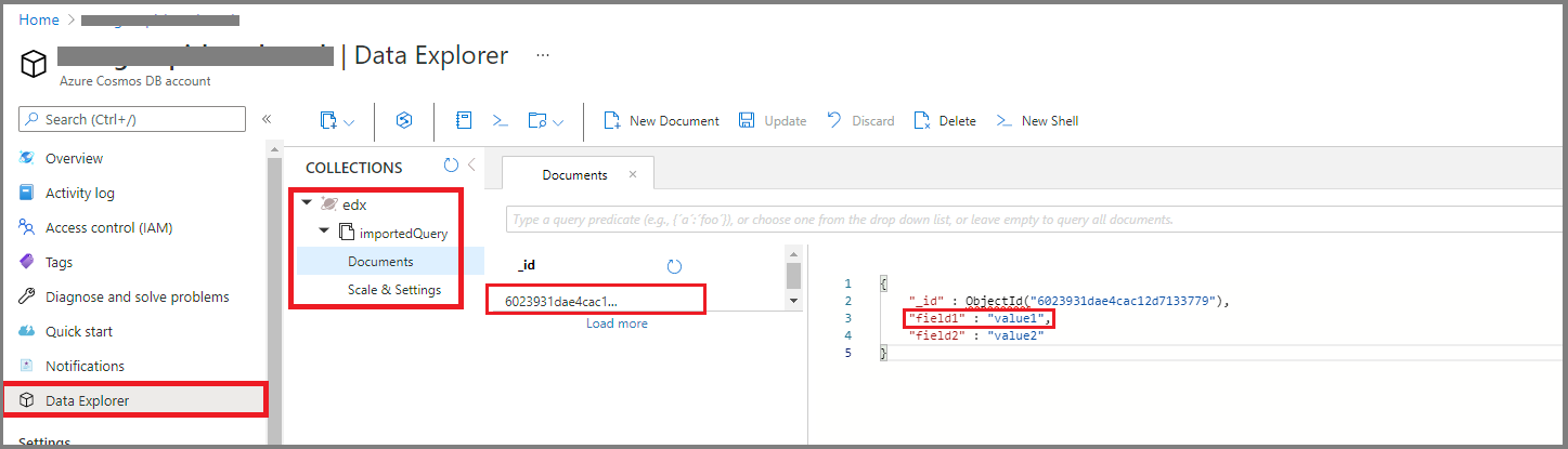 Azure Cosmos DB 数据验证的屏幕截图。