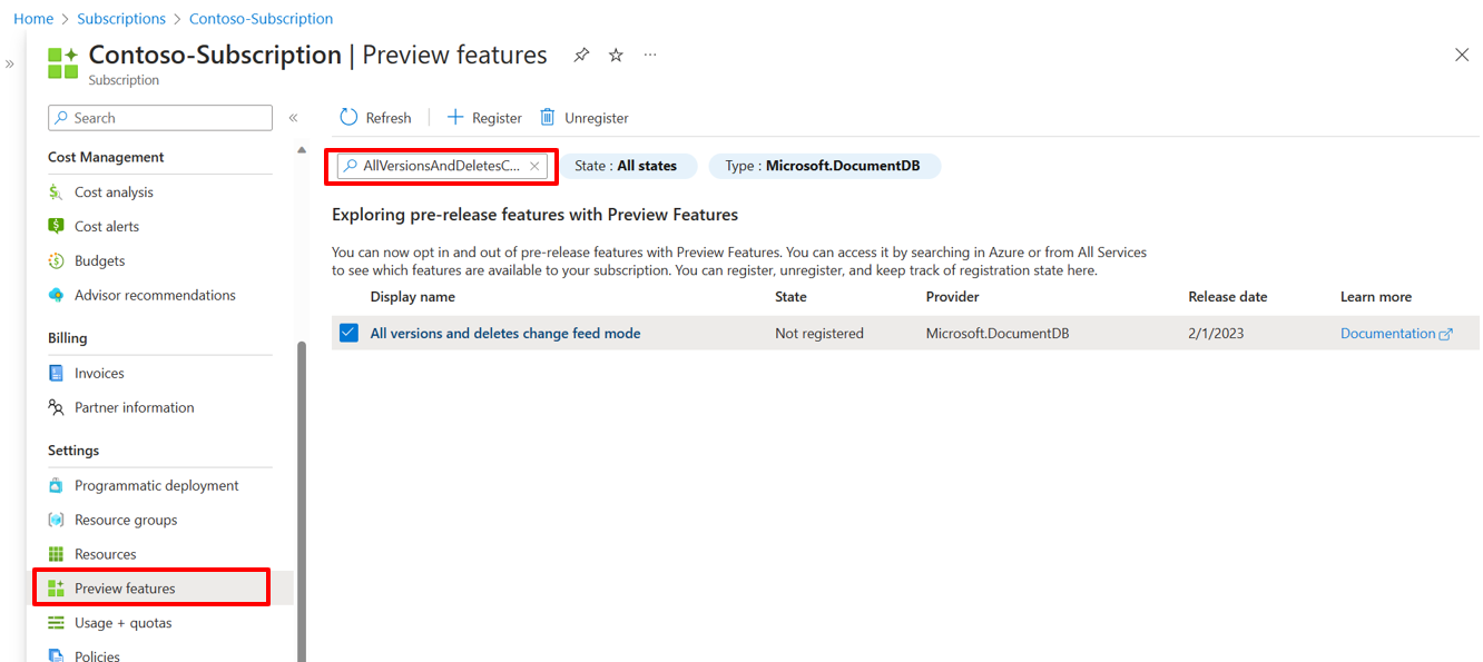 Azure 门户订阅概述中“预览功能”页中的“所有版本和删除更改源模式”功能的屏幕截图。