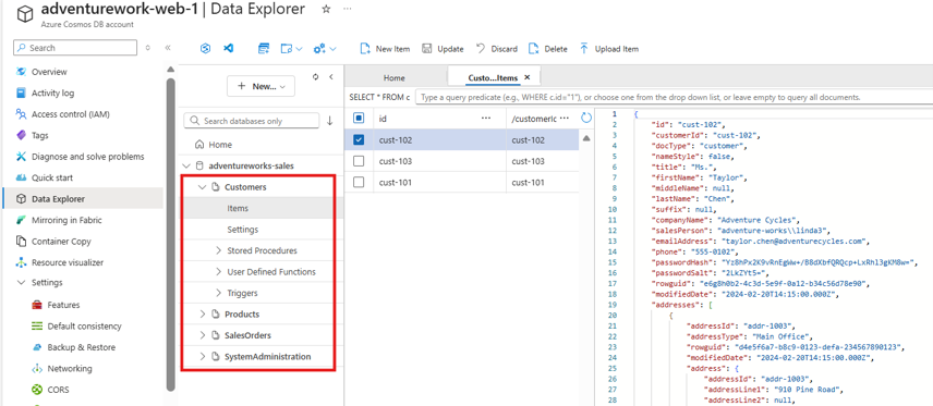 第 4 阶段的屏幕截图，其中显示了Azure Cosmos DB 数据资源管理器接口，其中显示了基于架构设计和填充的示例 JSON 数据创建的示例 Cosmos DB 容器。