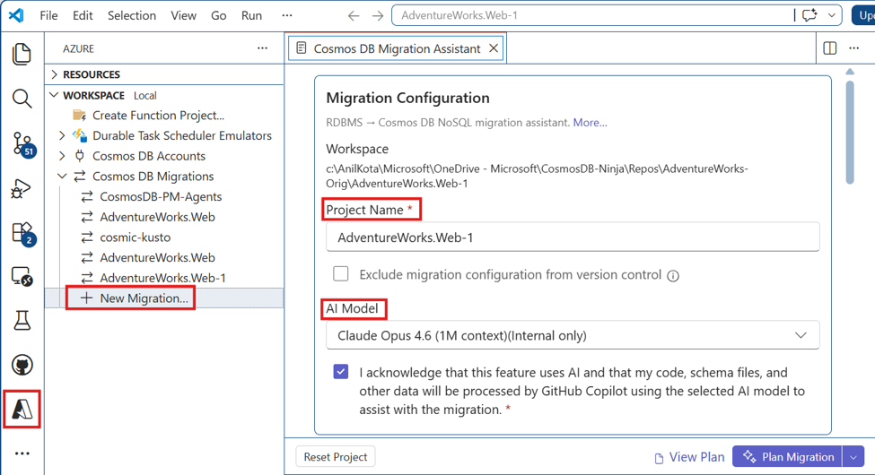 VS Code Studio Azure 工作区中Azure Cosmos DB 迁移助手配置面板的屏幕截图，其中显示了项目名称和 AI 模型选择的初始对话框。