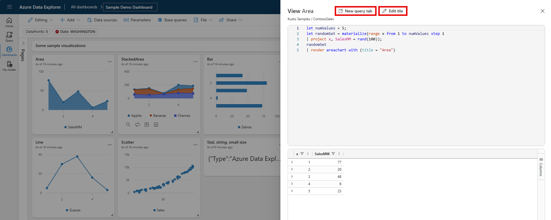 视图查询窗格的屏幕截图，其中查询位于屏幕的上半部分，结果位于下半部分。
