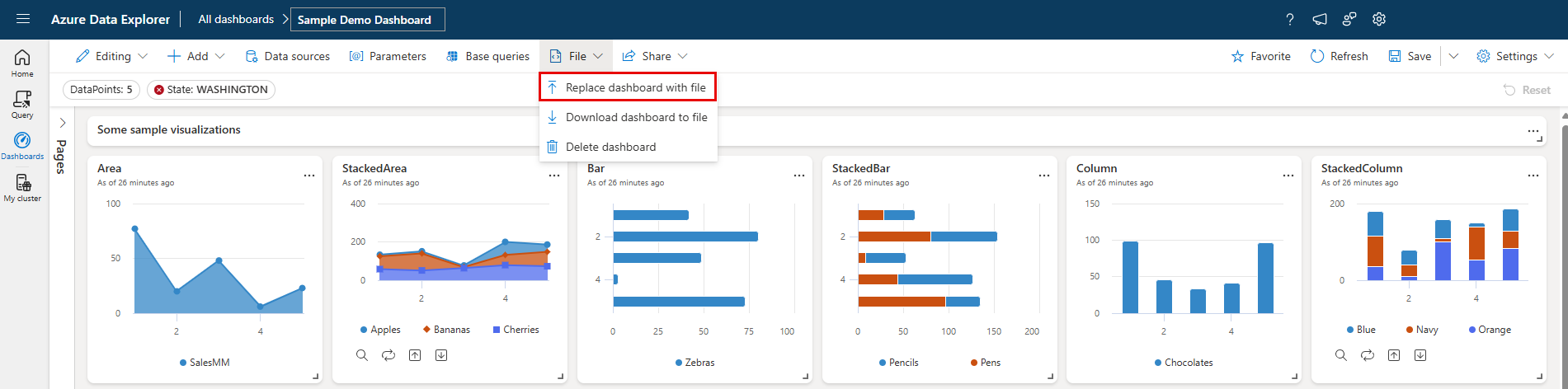 仪表板的屏幕截图，其中显示了替换为文件选项。