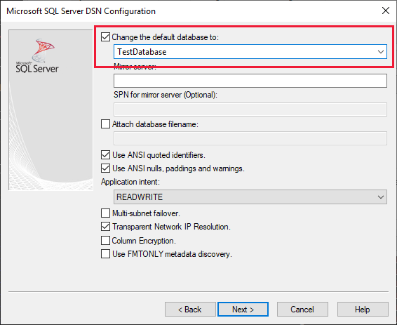 显示所选示例数据数据库的默认数据库选择对话框的屏幕截图。