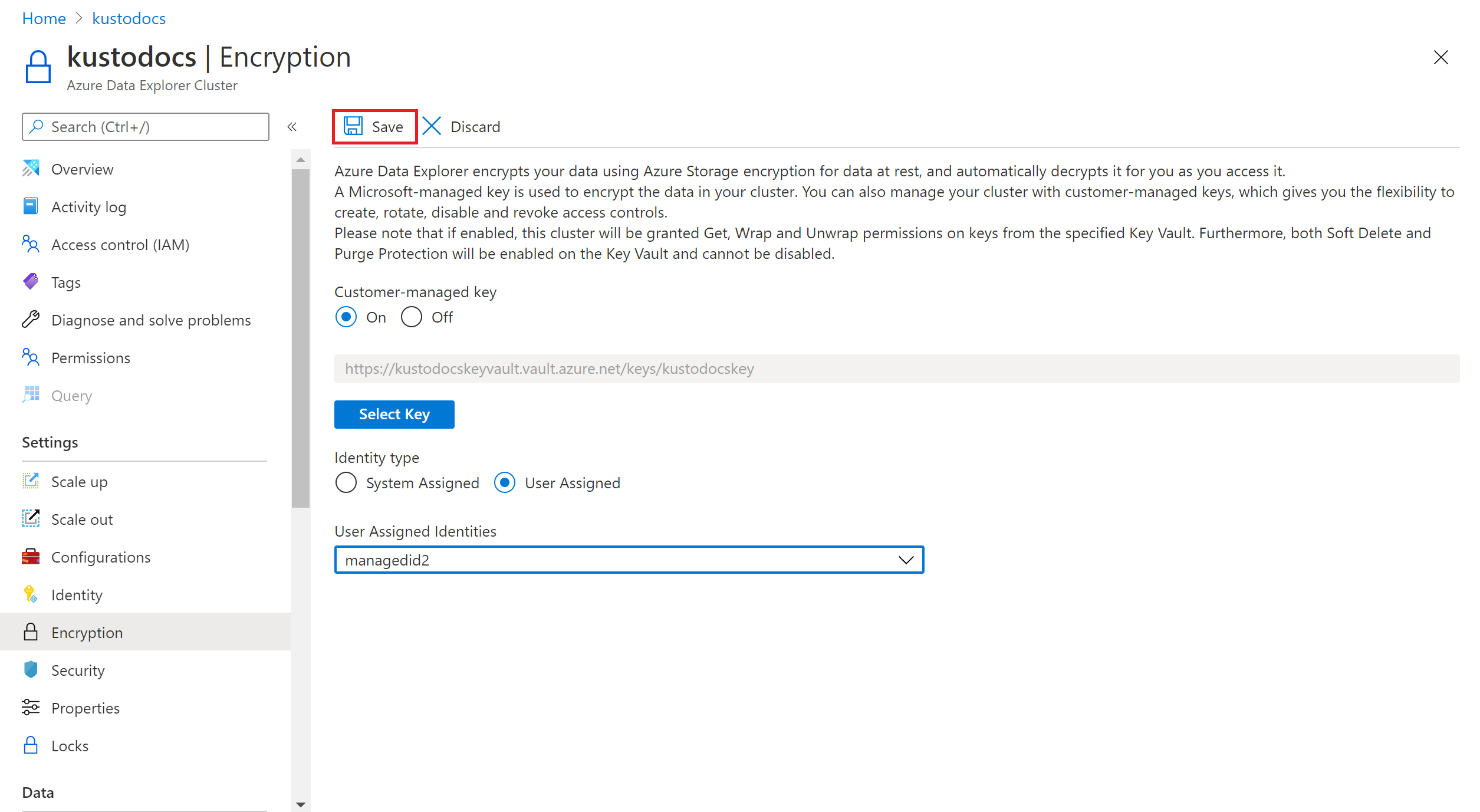 显示用于保存客户管理的密钥的选项的屏幕截图。