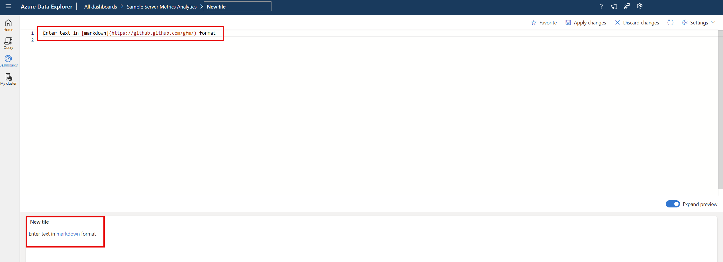 仪表板查询窗格的屏幕截图，显示了 markdown 文本中的图像语法。