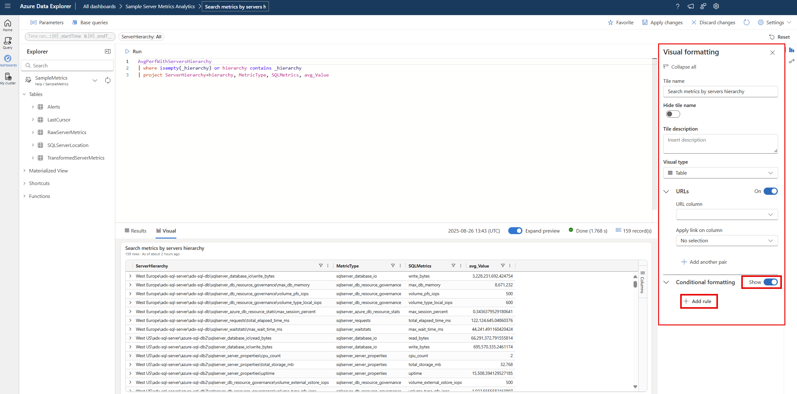 在 Azure 数据资源管理器 Web UI 的仪表板中添加条件格式的屏幕截图。