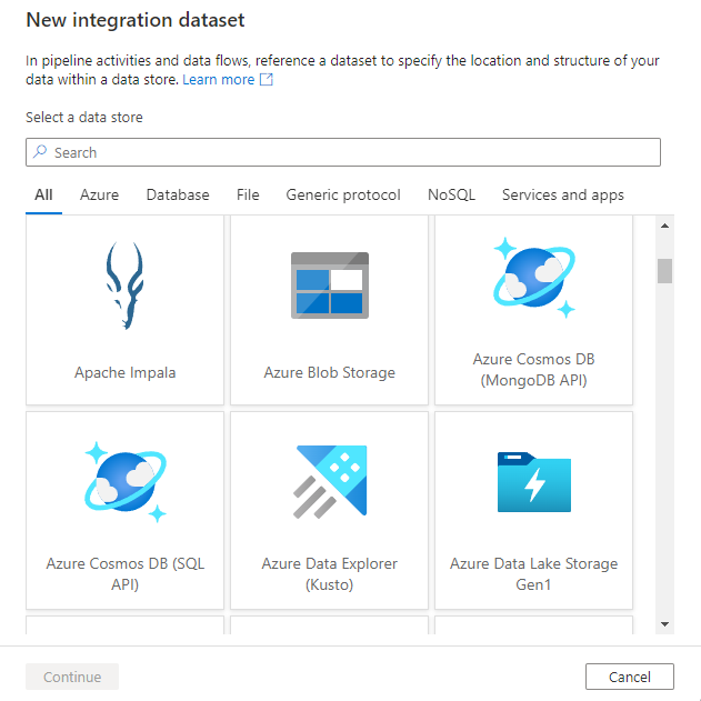 显示“新建集成数据集”窗口，可在其中选择任何受支持的 Azure Synapse 连接器的链接服务的类型。