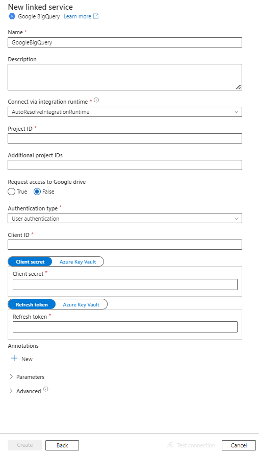 Google BigQuery 的链接服务配置的屏幕截图。
