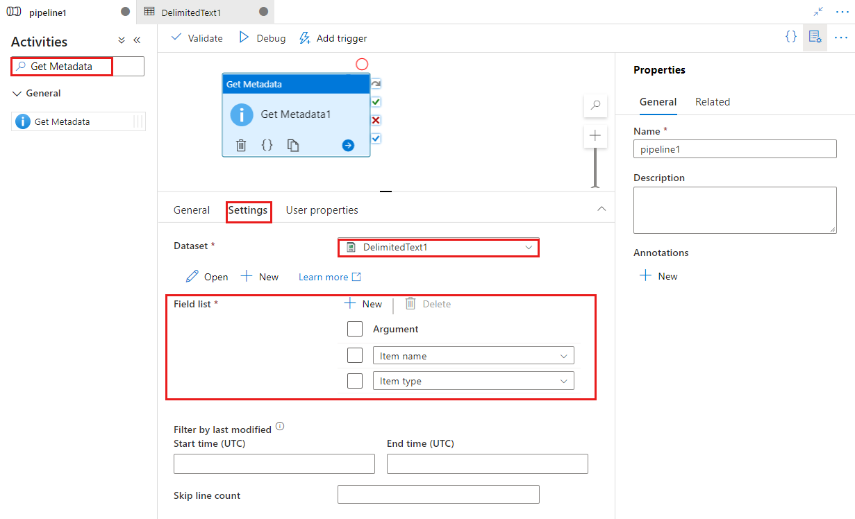 显示 Get Metadata 活动的 UI。