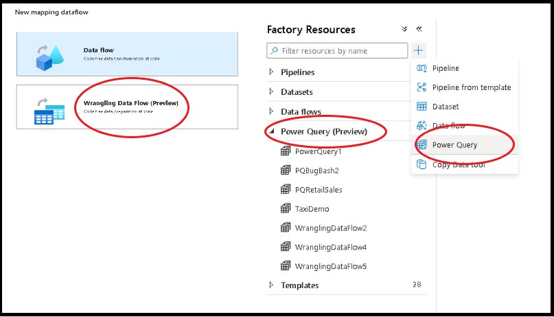 显示工厂资源窗格中 Power Query 的屏幕截图。