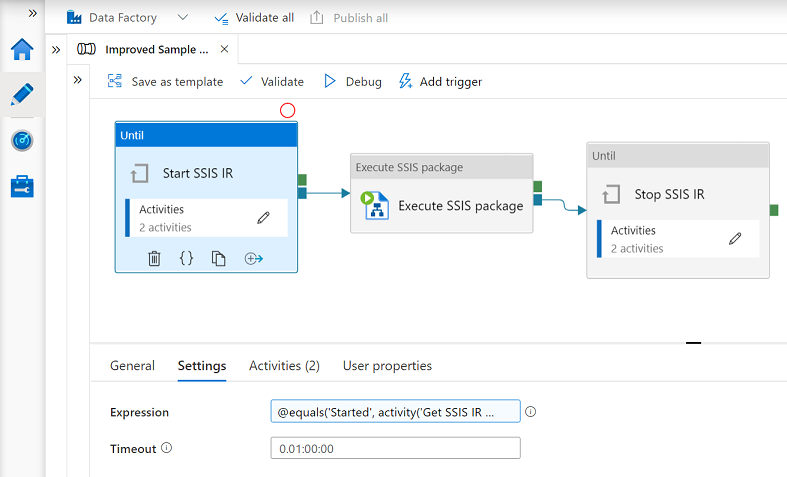 该屏幕截图显示了用于启动和停止 SSIS IR 的 Web 活动。