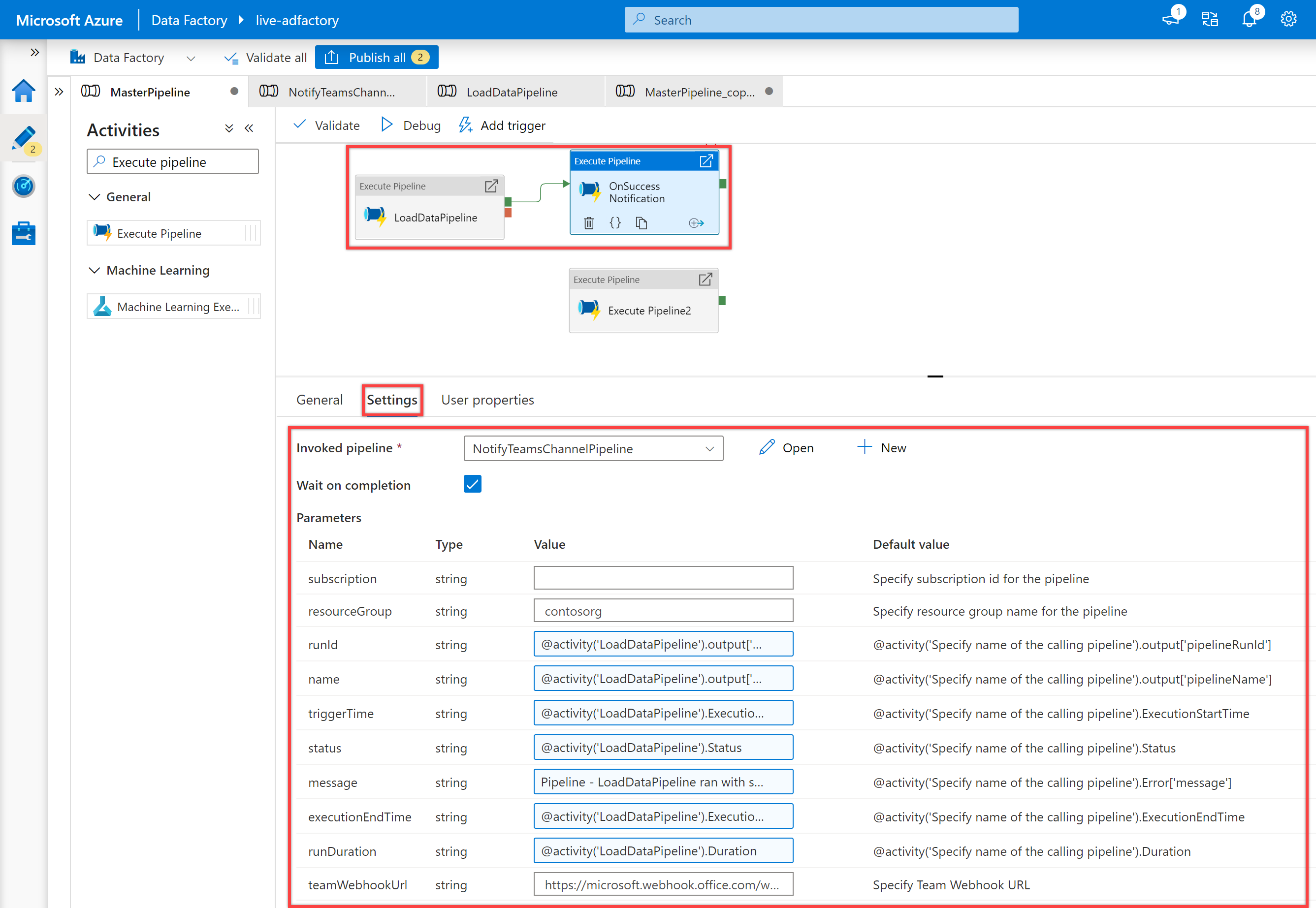 Shows the second "Execute pipeline" activity "OnSuccess Notification" setting pane for "NotifiyTeamsChannelPipeline" pipeline.