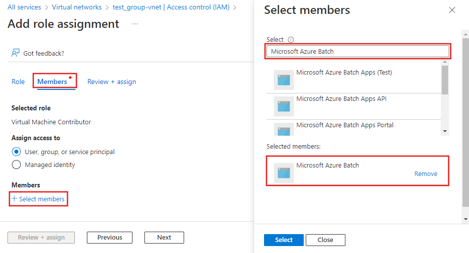 屏幕截图显示 Microsoft Azure Batch 服务主体。