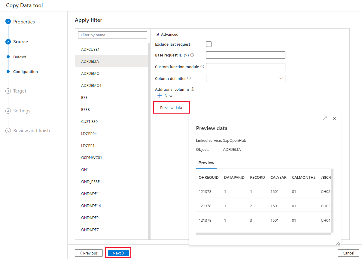 配置 SAP BW Open Hub 筛选器