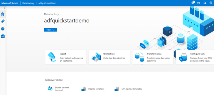 显示 Azure 数据工厂工作室主页的屏幕截图。