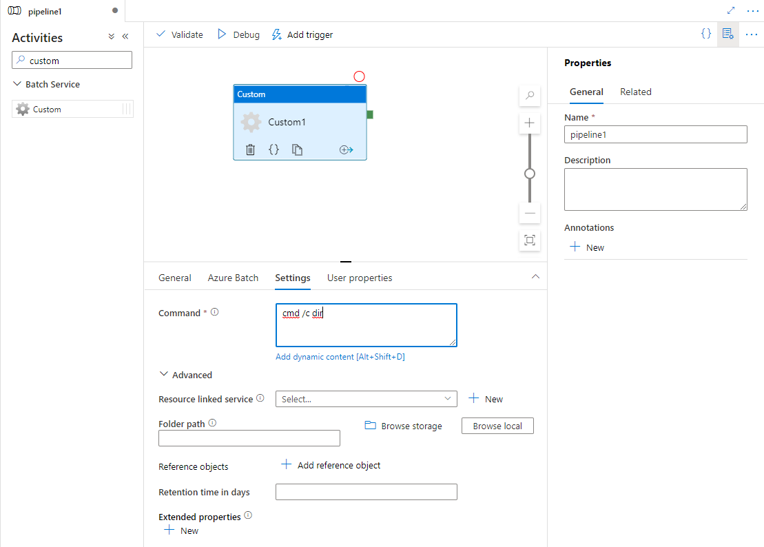 显示 Custom 活动的“设置”选项卡的 UI。