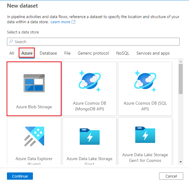 显示“选择 Azure Blob 存储”按钮的屏幕截图。