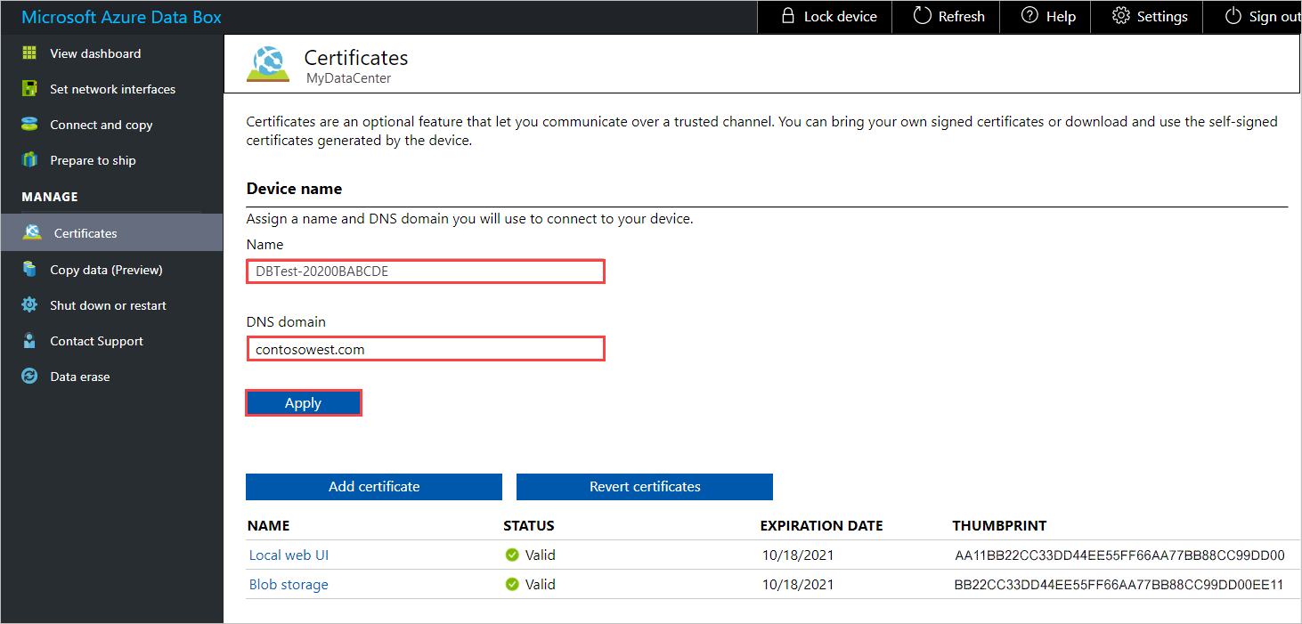 为 Data Box 应用新的设备名称和 DNS 域