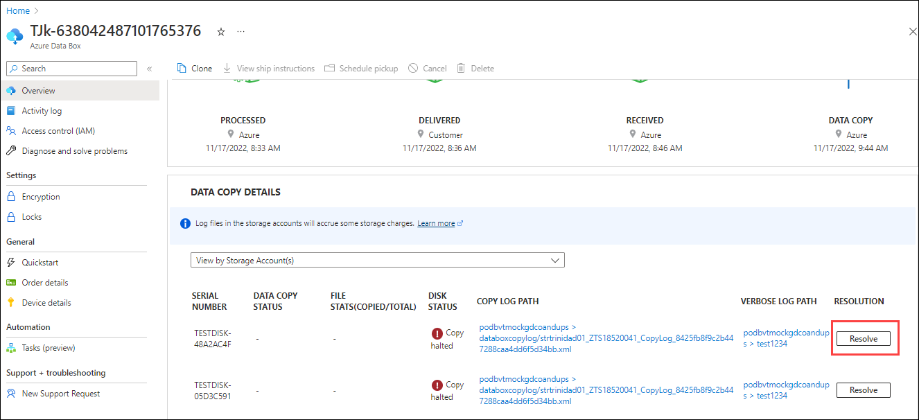 存在可重试上传错误的 Data Box Disk 订单的屏幕截图。突出显示了“解决”选项。