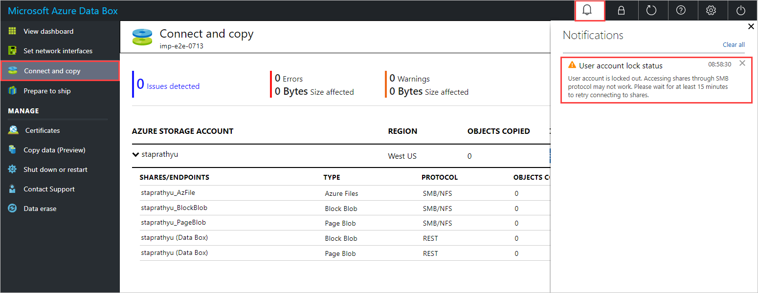 Data Box 的本地 Web UI 中“通知”窗格的屏幕截图。突出显示了发送给被锁定的共享帐户的通知。