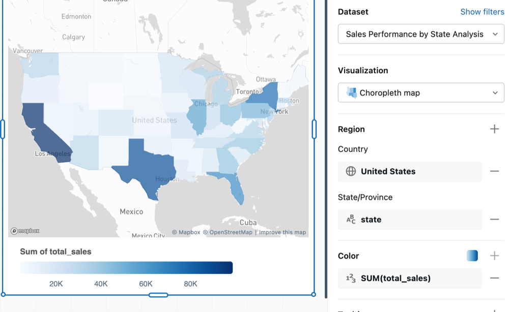 按美国州显示总销售额的 Choropleth 地图示例。