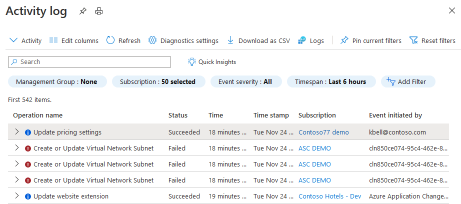 Azure 活动日志的屏幕截图，显示定价更改事件。