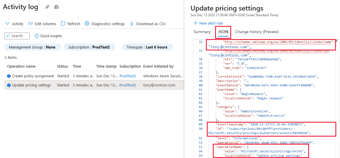 Azure 活动日志 JSON 资源管理器的屏幕截图。