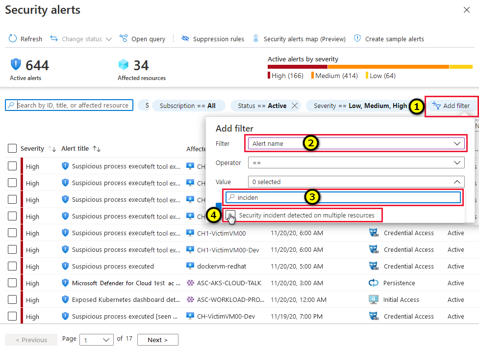 在 Microsoft Defender for Cloud 的安全警报页上查找事件。