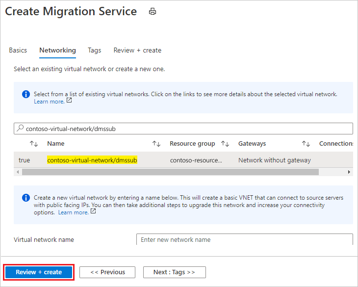 配置 Azure 数据库迁移服务实例网络设置的屏幕截图。