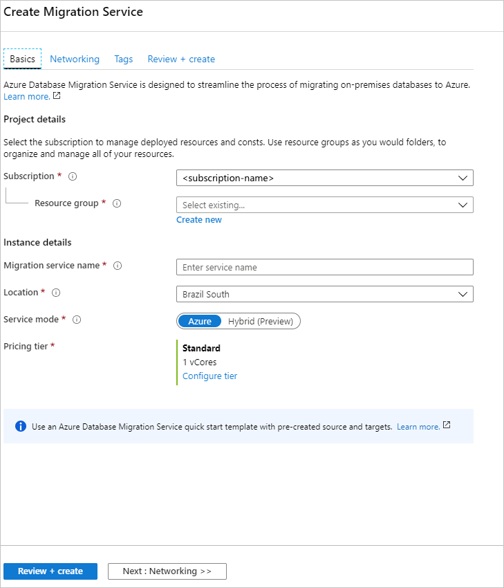 配置 Azure 数据库迁移服务实例设置的屏幕截图。