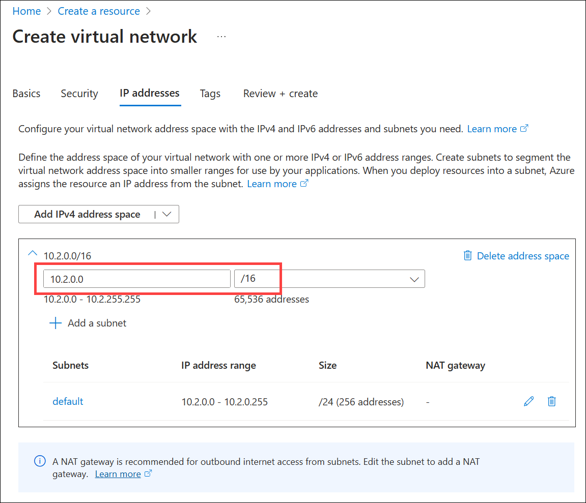 指定 VNet IPv4 地址空间的屏幕截图。