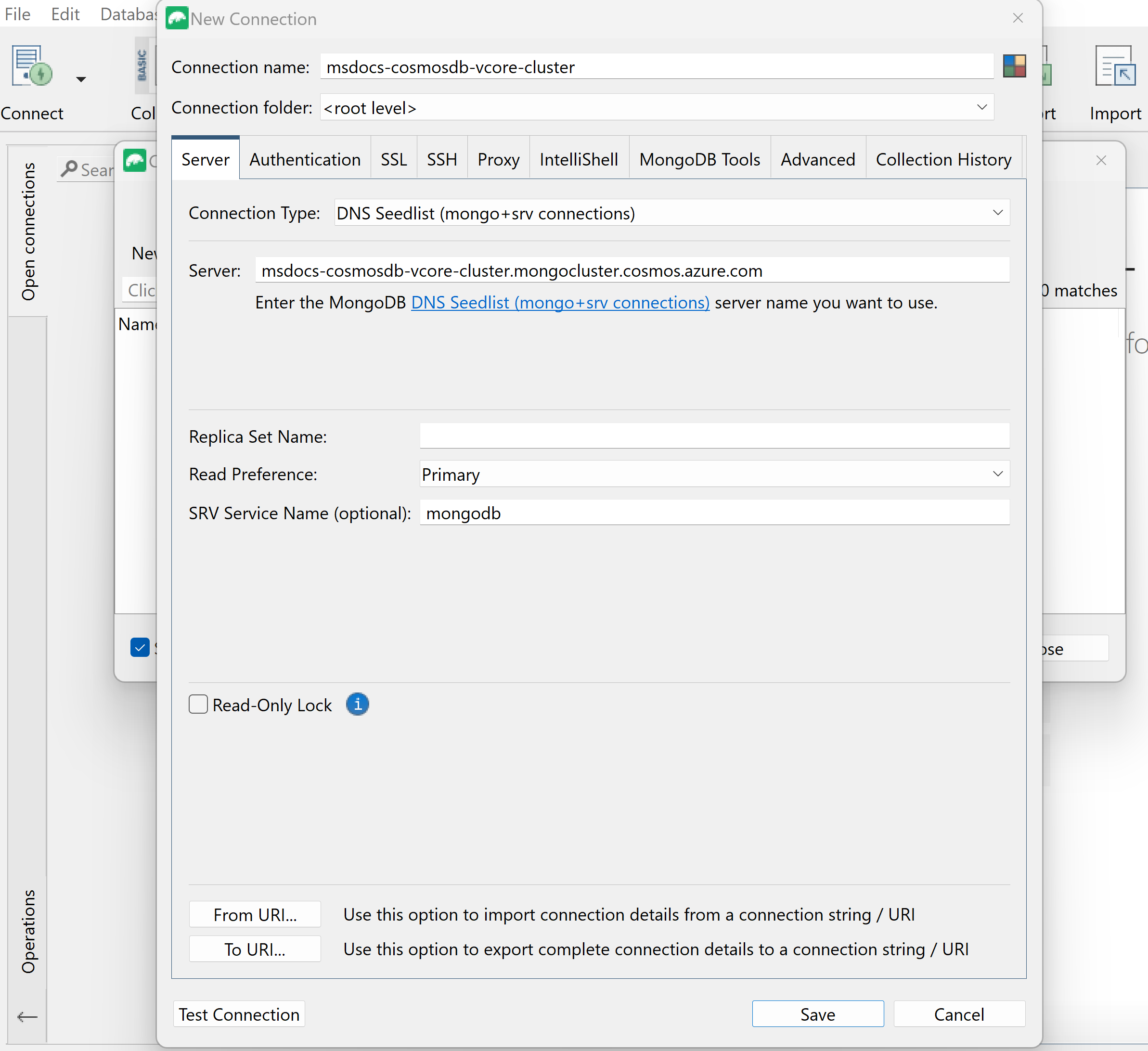 Studio 3T 中用于新连接的服务器连接信息的屏幕截图。