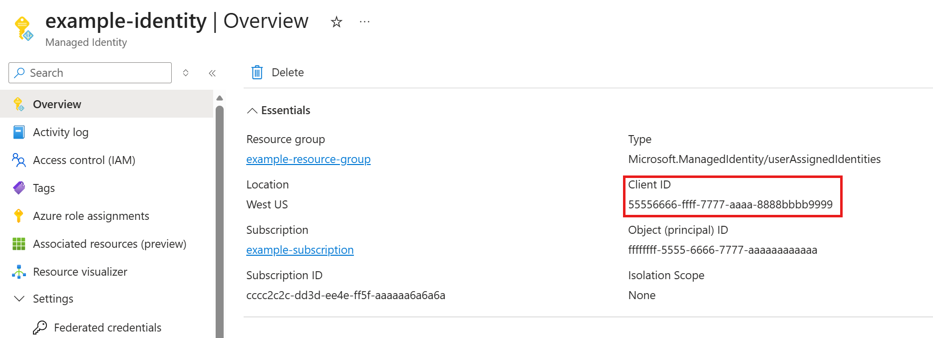 用于查看在 Azure DocumentDB 上从门户构造 Microsoft Entra 连接字符串所需客户端标识符的屏幕截图。