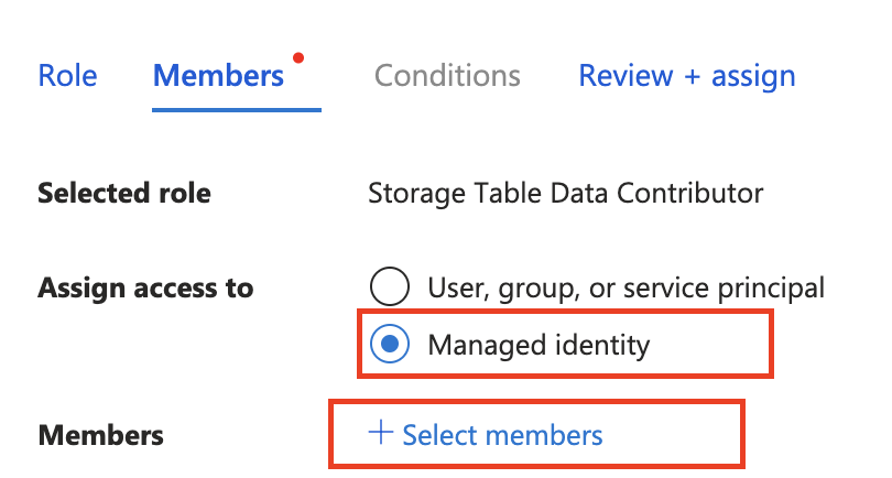 在 Azure 门户中，将存储访问角色分配给托管身份的截图。