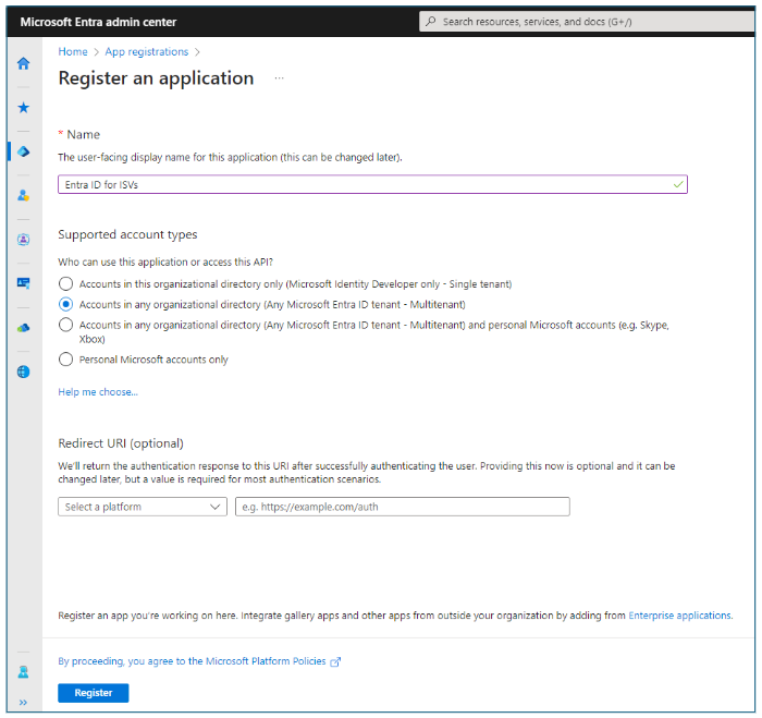 Microsoft Entra 管理中心中的应用程序配置选项的屏幕截图。