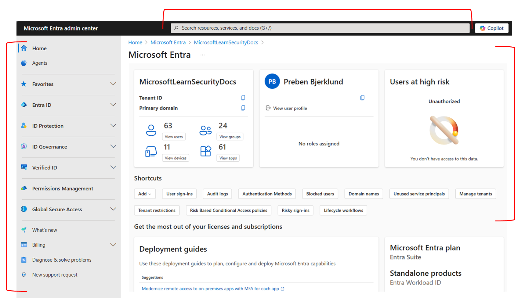 Microsoft Entra 管理中心概述主页的屏幕截图。