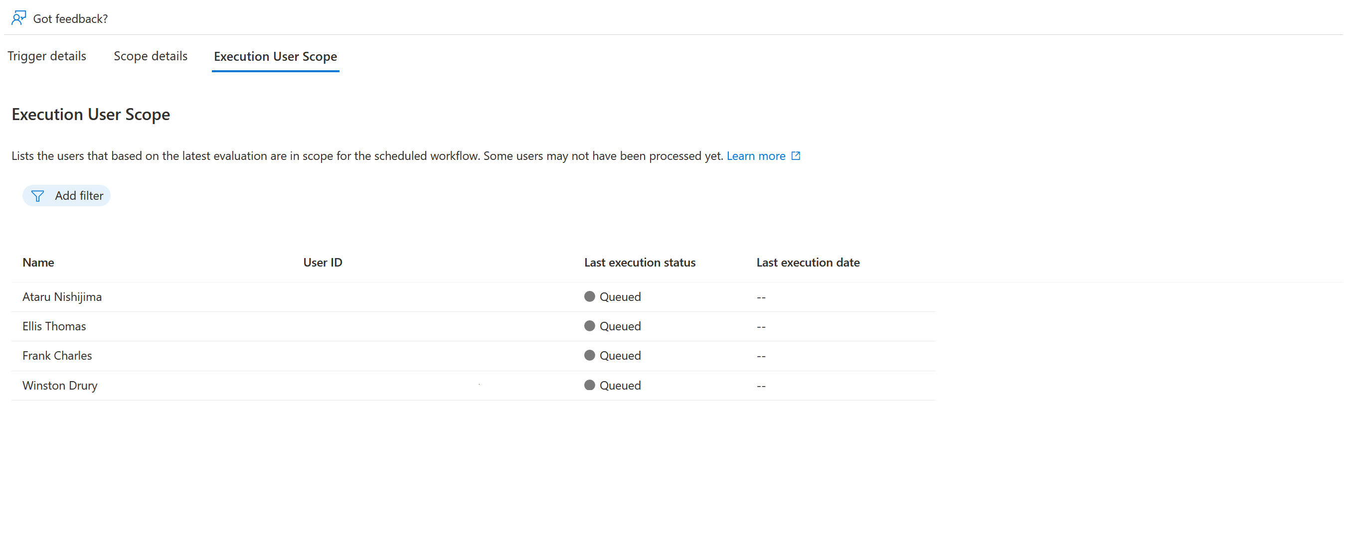 工作流执行条件范围内用户列表的屏幕截图。