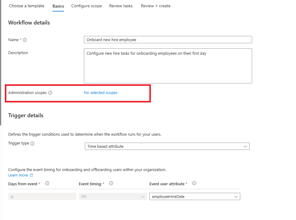 设置新工作流的管理员范围的屏幕截图。