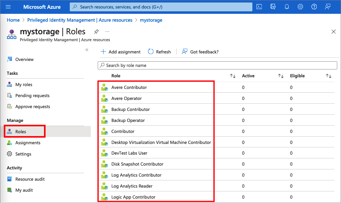 显示 Azure 存储帐户角色的屏幕截图。